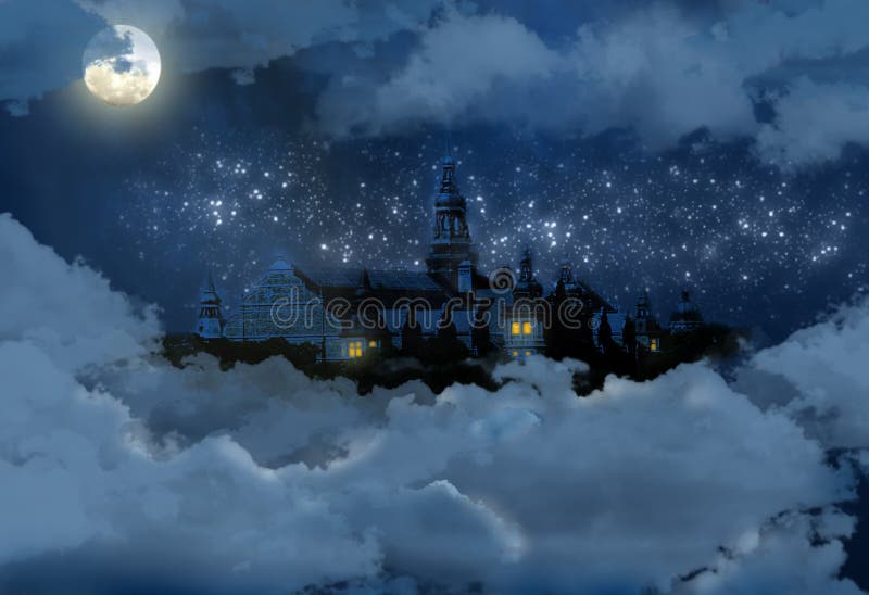 Kasteel in de hemel bij nacht stock illustratie Kasteel in de hemel bij nacht stock illustratie