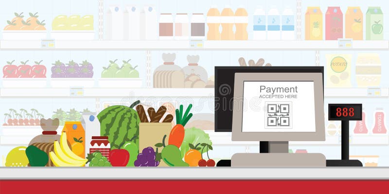 Kasy QR kodu elektroniczna zapłata w supermarkecie, detaliczny sklep akceptował cyfrowego wynagrodzenie bez pieniądze, wektorowa ilustracja wektor Kasy QR kodu elektroniczna zapłata w supermarkecie, detaliczny sklep akceptował cyfrowego wynagrodzenie bez pieniądze, wektorowa ilustracja wektor