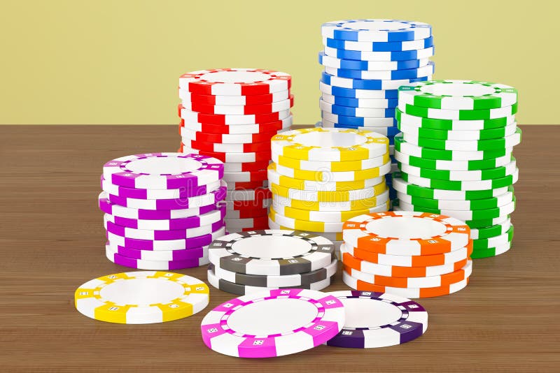 Kasynowi żetony na drewnianym stole świadczenia 3 d ilustracji Kasynowi żetony na drewnianym stole świadczenia 3 d ilustracji