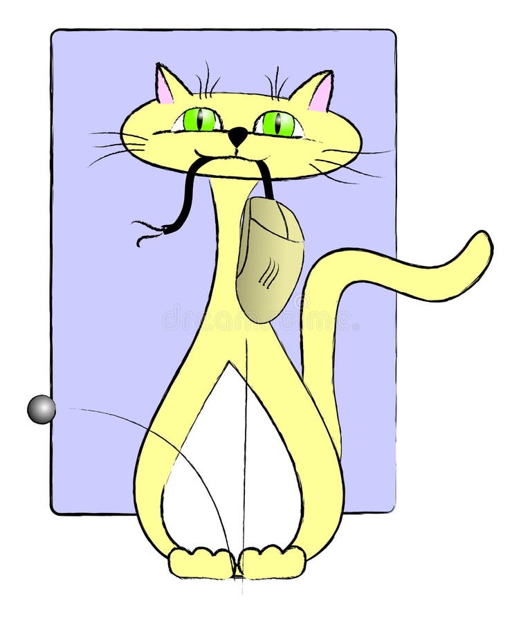 Vector illustration of a happy, proud, yellow kitty with bright green eyes holding a scratched up computer mouse by the frayed cord as the mouse-ball bounces to the floor. Vector illustration of a happy, proud, yellow kitty with bright green eyes holding a scratched up computer mouse by the frayed cord as the mouse-ball bounces to the floor.