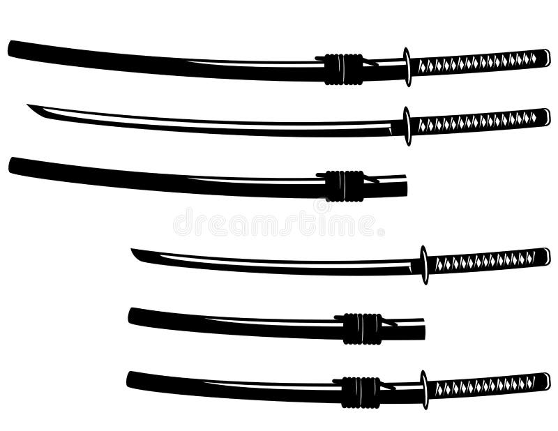 Katana and wakizashi swords - black and white vector design set of traditional Japanese weapon. Katana and wakizashi swords - black and white vector design set of traditional Japanese weapon