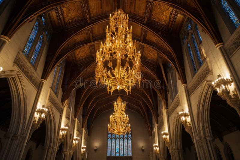 Katedraltak med golden chandeliers hängande royaltyfri illustrationer