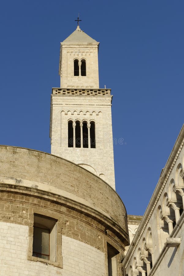 Lateral image of Bari Cathedral or Duomo di Bari, dedicated to Saint Sabinus, in Apulia, Italy. The present building was built between 12th and 13th century in Apulian Romanesque Style and can be seen from many parts of the old town. Lateral image of Bari Cathedral or Duomo di Bari, dedicated to Saint Sabinus, in Apulia, Italy. The present building was built between 12th and 13th century in Apulian Romanesque Style and can be seen from many parts of the old town.
