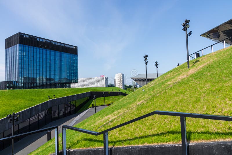 KATOWICE, POLAND - MAY 05, 2018: Fragment of a green passage across the roof of recently launched modern complex, The