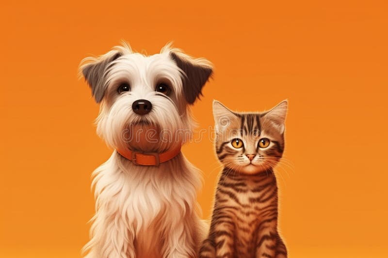 Katt och hund tillsammans isolerad vid orange 3d-rening. utrymme för textgenerativ ai stock illustrationer