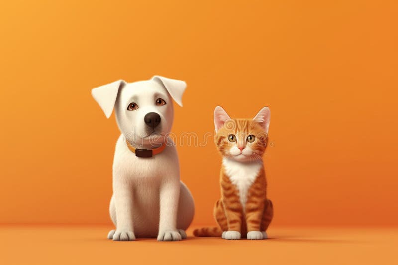 Katt och hund tillsammans isolerad vid orange 3d-rening. utrymme för textgenerativ ai stock illustrationer