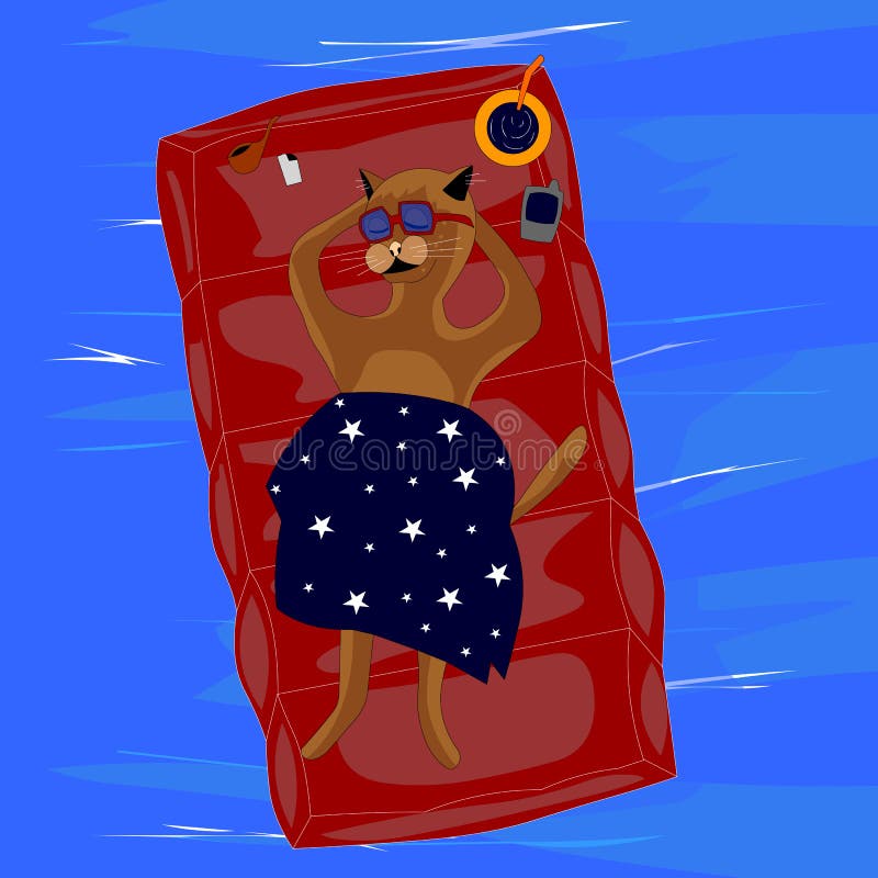 Katt på semestern som vilar på havet vektor illustrationer Katt på semestern som vilar på havet vektor illustrationer