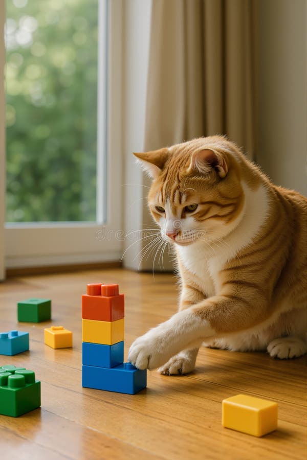 Katt som spelas upp med färgstarka block royaltyfri fotografi