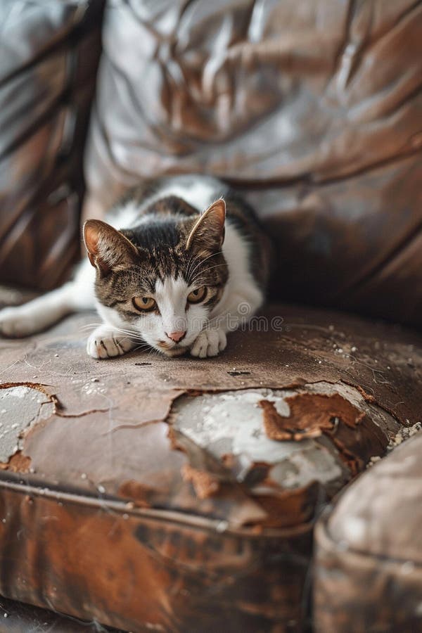 The cat scratches the sofa furniture. Selective focus. animal. AI generated. The cat scratches the sofa furniture. Selective focus. animal. AI generated