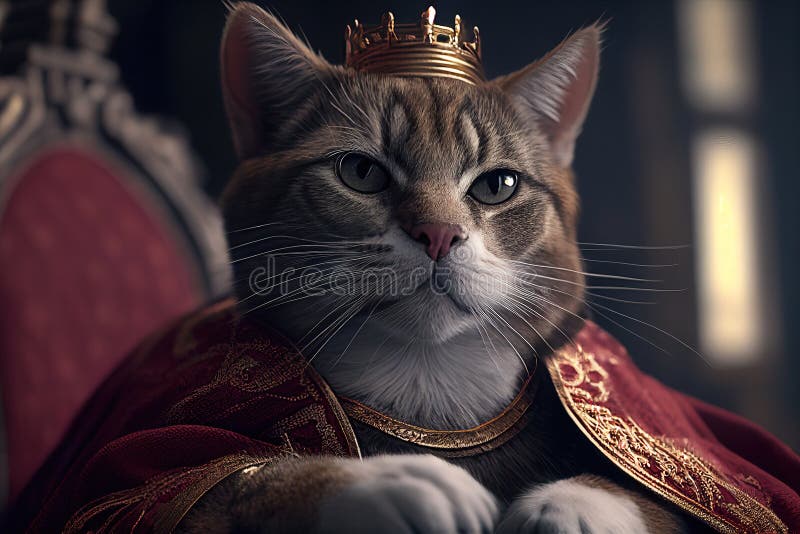 Kattens kung i kunglig rob och krona på tron. AI-generativ illustration vektor illustrationer