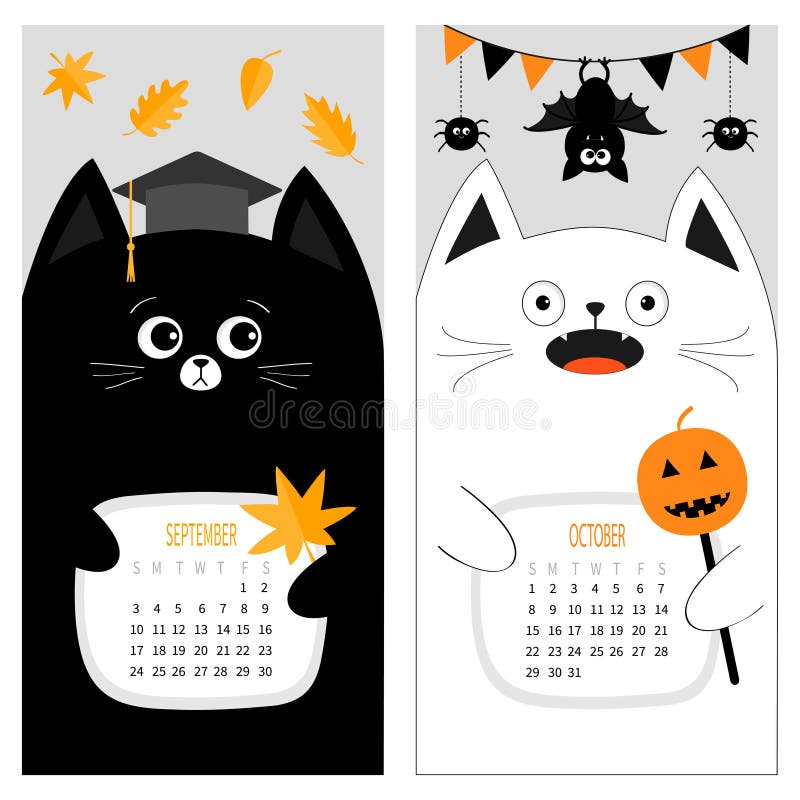 Kattkalender 2017 Gulligt roligt tecknad filmtecken - uppsättning September Oktober höstmånad vektor illustrationer Kattkalender 2017 Gulligt roligt tecknad filmtecken - uppsättning September Oktober höstmånad vektor illustrationer