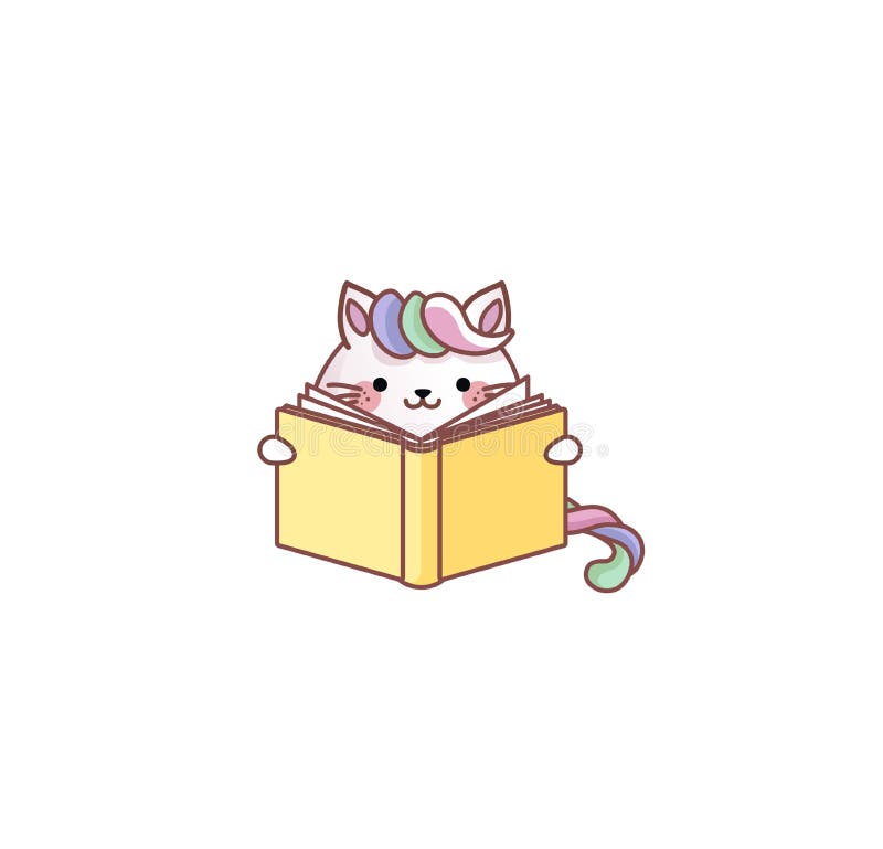 Kattkattkattunge läser boklärarutbildning, kawaii chibi japansk stil emoji teckenklistermärke emoticon leticon mascot vektor illustrationer