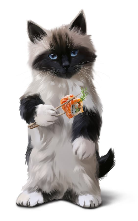 Kattunge- och sushivattenfärgteckning royaltyfri illustrationer Kattunge- och sushivattenfärgteckning royaltyfri illustrationer