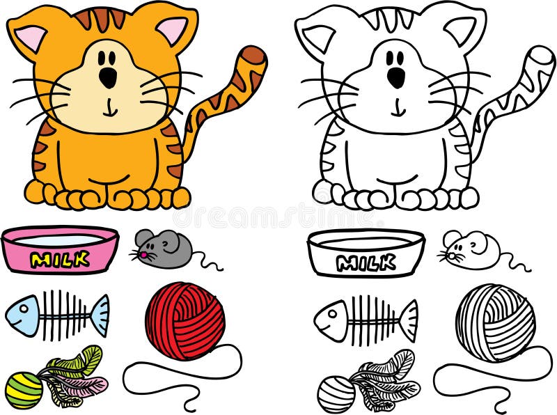 Sweet cat with milk and toys on white background. Sweet cat with milk and toys on white background