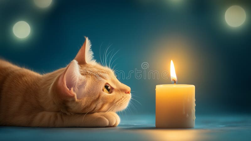 Katze blickt in sanftem Licht auf eine flackernde Kerze stock abbildung