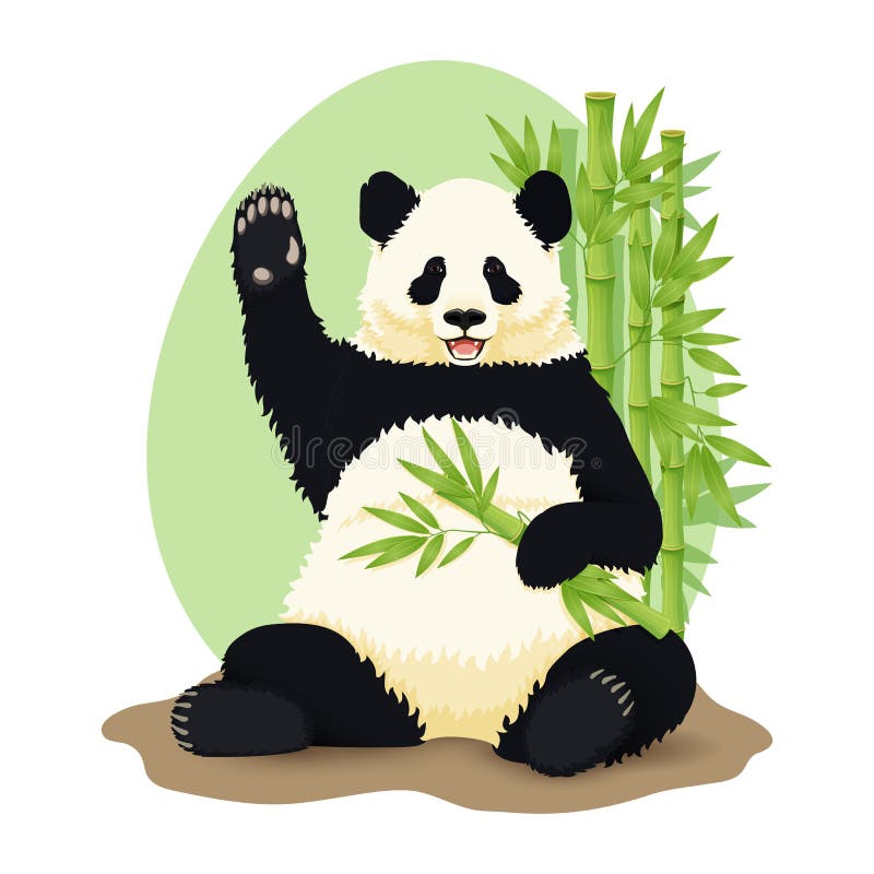 Cartoon vector illustration. Cute smiling giant panda sitting holding green bamboo branch and waving with bamboo trees in the background. Print, poster design. Endangered species. Conservation. Cartoon vector illustration. Cute smiling giant panda sitting holding green bamboo branch and waving with bamboo trees in the background. Print, poster design. Endangered species. Conservation