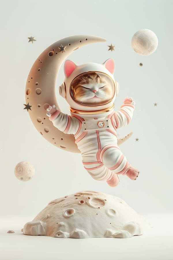 Katze im Astronautenanzug, die in der Nähe eines Halbmonds im Weltraum schwimmt vektor abbildung