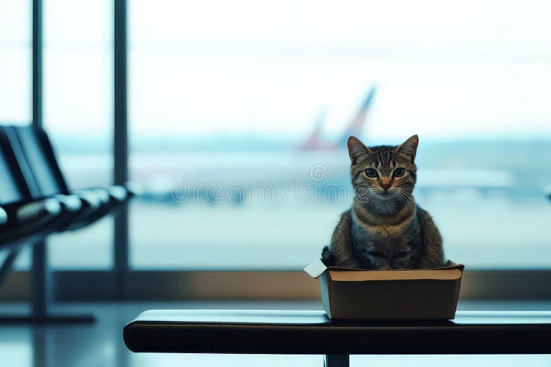 Katze im Wartebereich am Flughafen. Eine neugierige Katze sitzt bequem in einer kleinen Box, umgeben von der lebhaften Atmosphäre eines Wartebereichs am Flughafen. Hinter dem Pool befindet sich eine große Panoramafenster mit Blick auf Flugzeuge und Reisende.