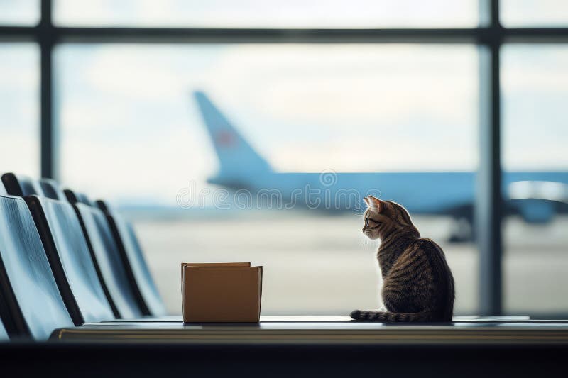 Katze im Wartebereich am Flughafen lizenzfreie abbildung