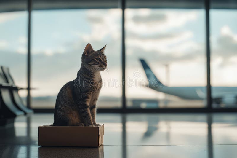 Katze im Wartebereich am Flughafen stock abbildung