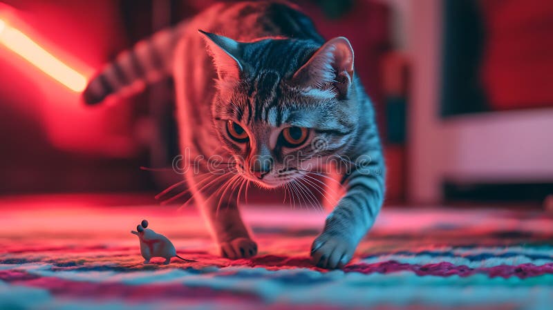 Katze mit goldenen Augen, die von Spielzeugbeute in einem gemütlichen sonnigen Zuhause fasziniert sind stock abbildung