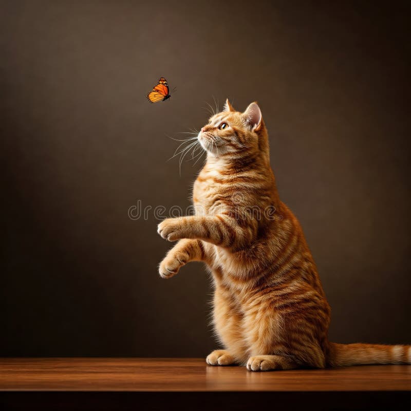 Katze mit Orange Fur Staring am Schmetterling lizenzfreie abbildung