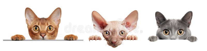 Katzen verschiedener Rassen werden auf transparentem Hintergrund ausgeschnitten. Katzen verschiedener Rassen und Farben lizenzfreie stockfotografie