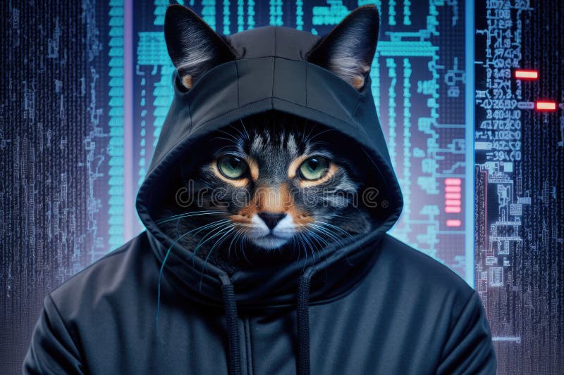 Katzenhacker oder Programmentwickler mit Laptop-Illustration. lustige Begleiterfigur in hoodie spielend computer generative ai lizenzfreie abbildung