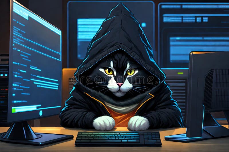 Katzenhacker oder Programmentwickler mit Laptop-Illustration. lustige Begleiterfigur in hoodie spielend computer generative ai