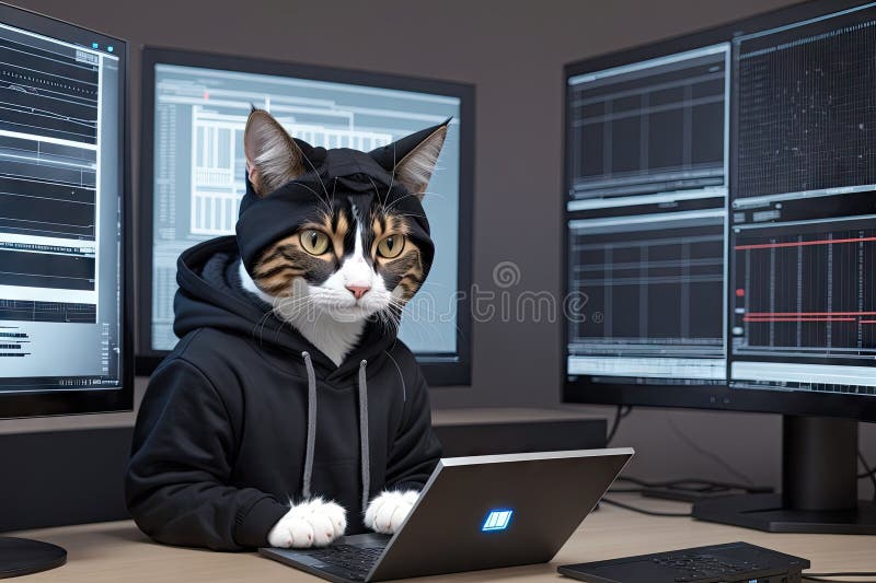 Katzenhacker oder Programmentwickler mit Laptop-Illustration. lustige Begleiterfigur in hoodie spielend computer generative ai stock abbildung