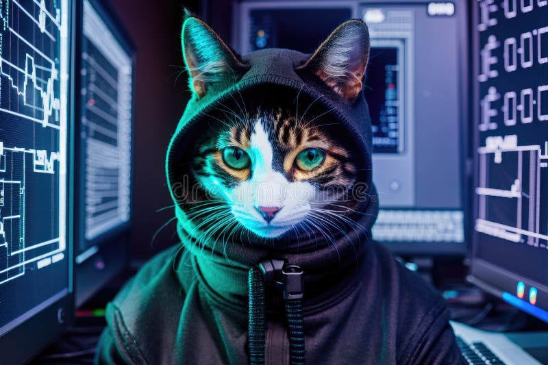 Katzenhacker oder Programmentwickler mit Laptop-Illustration. lustige Begleiterfigur in hoodie spielend computer generative ai vektor abbildung