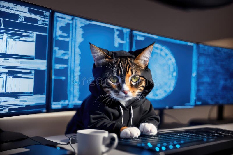 Katzenhacker oder Programmentwickler mit Laptop-Illustration. lustige Begleiterfigur in hoodie spielend computer generative ai lizenzfreie abbildung