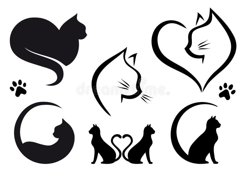 Cat logo designs with heart, set of vector graphic design elements. Cat logo designs with heart, set of vector graphic design elements