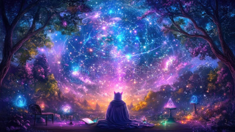 Katzenstargazer im mystischen Wald unter einem dynamischen kosmischen Himmel stockbilder