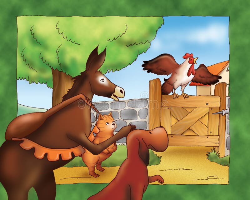 A donkey, a dog, a rooster and a cat. Digital illustration of the Grimms fairy tale: Bremen town musicians. A donkey, a dog, a rooster and a cat. Digital illustration of the Grimms fairy tale: Bremen town musicians.