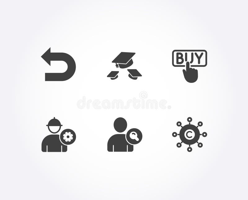 Kaufen, Entdeckungsbenutzer und Ingenieurikonen Werfen Sie Hüte, annullieren Sie und Copywriting-Netzzeichen stock abbildung