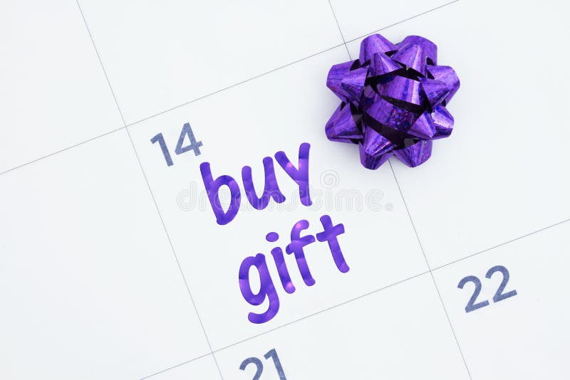 Reminder to buy a gift message on a monthly calendar with a purple bow. Reminder to buy a gift message on a monthly calendar with a purple bow