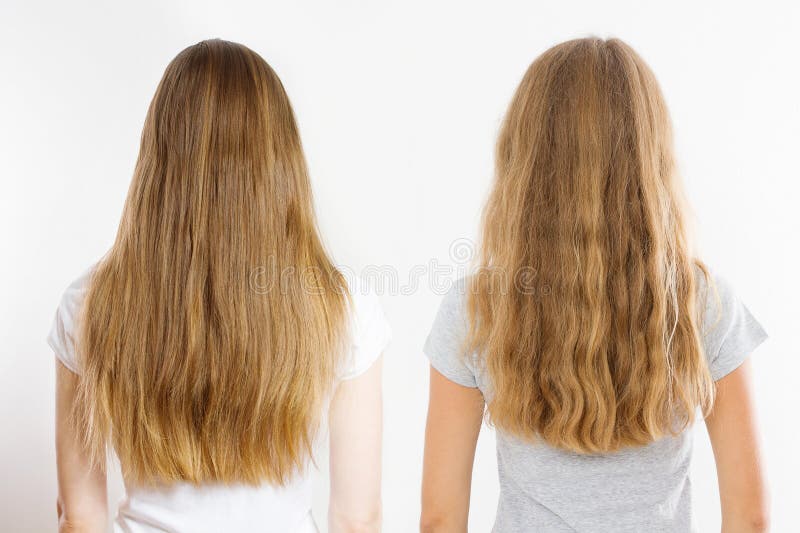 Kaukasierin blonfarbene, ungefärbte Haartypenrückansicht isoliert auf weißem Hintergrund. verschiedene Frisur schwach, geschmeidig stockbilder