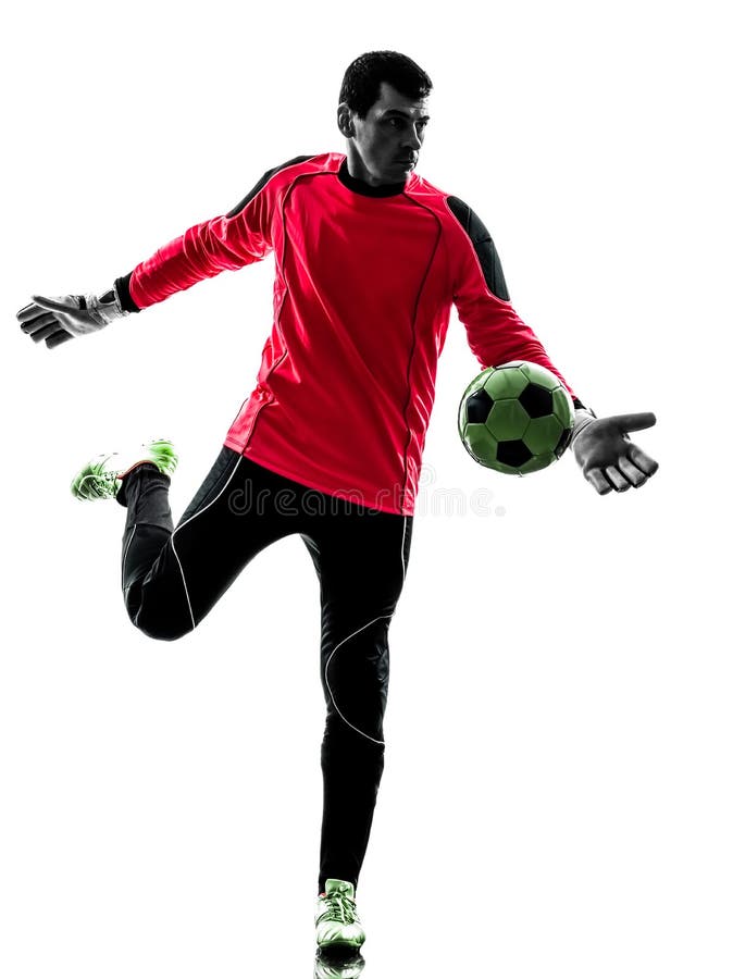 Kaukasisch de mens van de voetballerkeeper het schoppen balsilhouet stock foto Kaukasisch de mens van de voetballerkeeper het schoppen balsilhouet stock foto