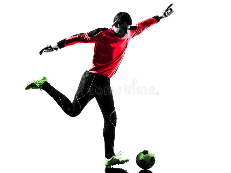 Kaukasisch de mens van de voetballerkeeper het schoppen balsilhouet royalty-vrije stock foto's Kaukasisch de mens van de voetballerkeeper het schoppen balsilhouet royalty-vrije stock foto's