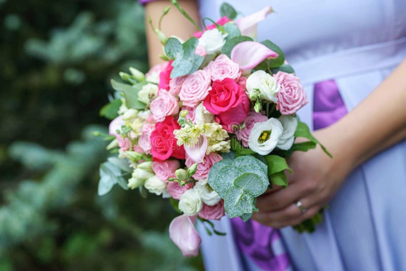 Kaukasisch vrouwelijk gast of bruidsmeisje die een lilac de zomerkleding dragen die een mooie babybuil en een holding een huwelij stock afbeeldingen Kaukasisch vrouwelijk gast of bruidsmeisje die een lilac de zomerkleding dragen die een mooie babybuil en een holding een huwelij stock afbeeldingen