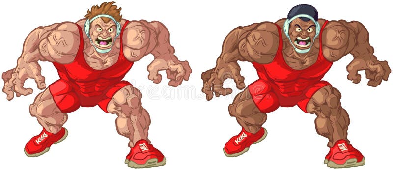 Vector cartoon clip art illustration of tough mean intimidating Caucasian and African American wrestler mascots wearing singlets in a crouching position while yelling. Elements in separate layers. Vector cartoon clip art illustration of tough mean intimidating Caucasian and African American wrestler mascots wearing singlets in a crouching position while yelling. Elements in separate layers.