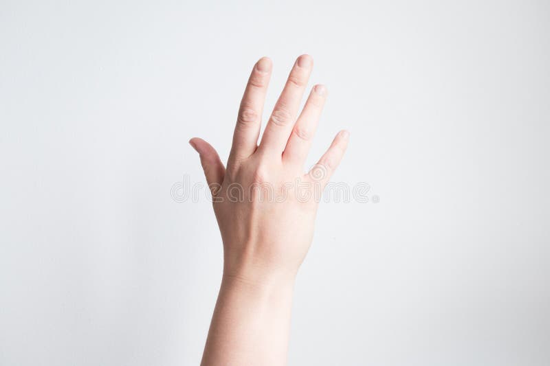 Kaukasische erwachsene weibliche Hand erhöht vor weißem Hintergrund stockbild