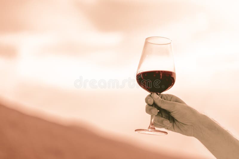 Kaukasische Mannhand, die ein Glas Rotwein durch den undeutlichen Himmel hält lizenzfreie stockfotos Kaukasische Mannhand, die ein Glas Rotwein durch den undeutlichen Himmel hält lizenzfreie stockfotos
