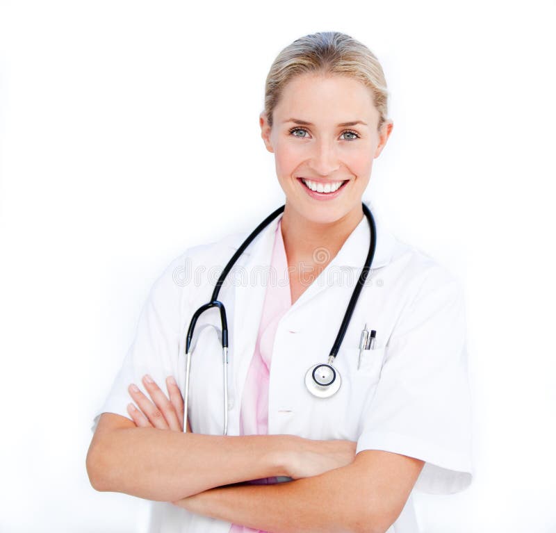 Caucasian female doctor with folded arms against white background. Caucasian female doctor with folded arms against white background