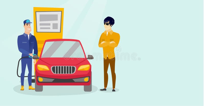 Caucasian white worker in workwear filling up fuel into the car at the gas station while car owner standing nearby. Gas station worker refueling a car. Vector cartoon illustration. Horizontal layout. Caucasian white worker in workwear filling up fuel into the car at the gas station while car owner standing nearby. Gas station worker refueling a car. Vector cartoon illustration. Horizontal layout.