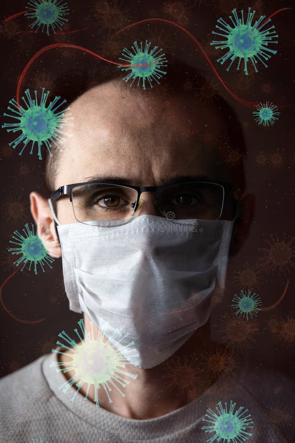 Kaukasischer Mann, der eine weiße medizinische Maske für den Schutz gegen ansteckende Krankheit Coronavirus trägt lizenzfreie stockfotografie