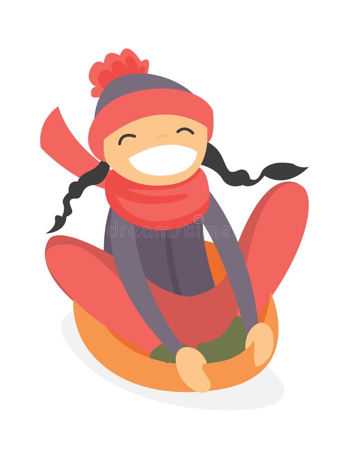 Kaukaska dziewczyna sledding w dół na śnieżnej gumowej tubce ilustracji Kaukaska dziewczyna sledding w dół na śnieżnej gumowej tubce ilustracji