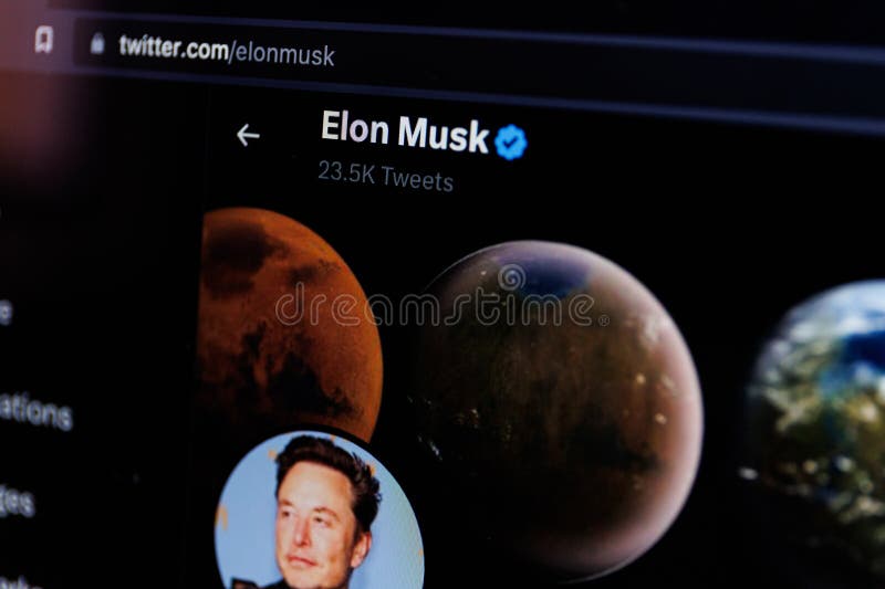 Elon Musk Twitter account on PC screen. Elon Musk is CEO of Twitter, Tesla and SpaceX