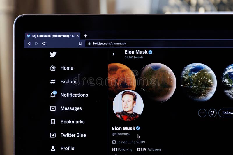 Elon Musk Twitter account on PC screen. Elon Musk is CEO of Twitter, Tesla and SpaceX